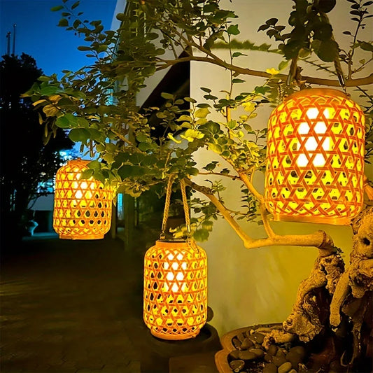 Solar Hanging Plastic Bamboo Lantern Outdoor