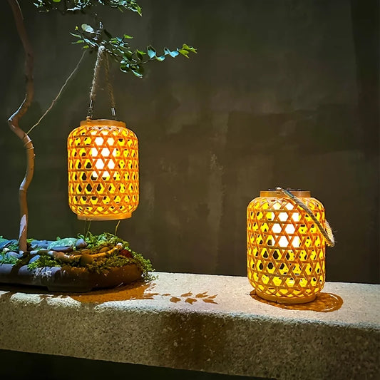 Solar Hanging Plastic Bamboo Lantern Outdoor